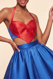 Vestido de finalistas rosa e verde, linha A de 2 peças, decote halter e cetim