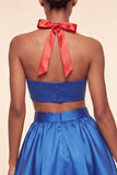 Vestido de finalistas rosa e verde, linha A de 2 peças, decote halter e cetim
