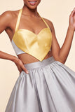 Vestido de finalistas rosa e verde, linha A de 2 peças, decote halter e cetim