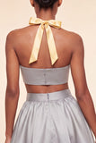 Vestido de finalistas rosa e verde, linha A de 2 peças, decote halter e cetim