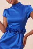 Vestido de regresso a casa verde, bodycon de gola alta e mangas de cetim, com flores 3D