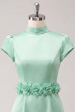 Vestido de regresso a casa verde, bodycon de gola alta e mangas de cetim, com flores 3D