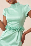 Vestido de regresso a casa verde, bodycon de gola alta e mangas de cetim, com flores 3D