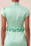 Vestido de regresso a casa verde, bodycon de gola alta e mangas de cetim, com flores 3D