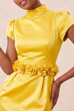 Vestido de regresso a casa verde, bodycon de gola alta e mangas de cetim, com flores 3D