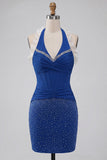 Vestido de Homecoming Bodycon, Bodycon de gola halter azul escura, folhos e missangas franzidas, com renda nas costas