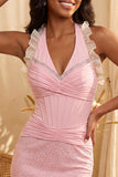 Vestido de Homecoming Bodycon, Bodycon de gola halter azul escura, folhos e missangas franzidas, com renda nas costas