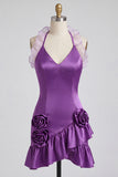 Vestido de finalistas roxo bodycon com gola curta e folhos de cetim com folhos e flores 3D
