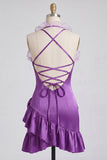 Vestido de finalistas roxo bodycon com gola curta e folhos de cetim com folhos e flores 3D