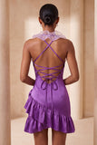 Vestido de finalistas roxo bodycon com gola curta e folhos de cetim com folhos e flores 3D