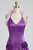 Vestido de finalistas roxo bodycon com gola curta e folhos de cetim com folhos e flores 3D