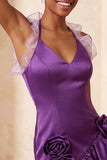 Vestido de finalistas roxo bodycon com gola curta e folhos de cetim com folhos e flores 3D