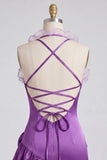 Vestido de finalistas roxo bodycon com gola curta e folhos de cetim com folhos e flores 3D