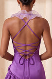 Vestido de finalistas roxo bodycon com gola curta e folhos de cetim com folhos e flores 3D