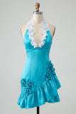 Bodycon Lake Blue Hater Neck, vestido de receção com folhos de cetim com folhos e flores 3D