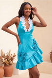 Bodycon Lake Blue Hater Neck, vestido de receção com folhos de cetim com folhos e flores 3D