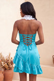 Bodycon Lake Blue Hater Neck, vestido de receção com folhos de cetim com folhos e flores 3D