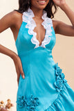 Bodycon Lake Blue Hater Neck, vestido de receção com folhos de cetim com folhos e flores 3D