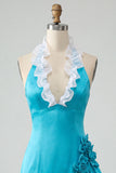 Bodycon Lake Blue Hater Neck, vestido de receção com folhos de cetim com folhos e flores 3D