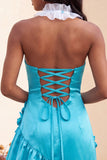 Bodycon Lake Blue Hater Neck, vestido de receção com folhos de cetim com folhos e flores 3D