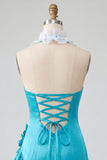 Bodycon Lake Blue Hater Neck, vestido de receção com folhos de cetim com folhos e flores 3D