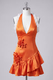 Vestido de regresso a casa, com decote laranja e decote alaranjado em cetim, com folhos, com flores 3D