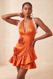 Vestido de regresso a casa, com decote laranja e decote alaranjado em cetim, com folhos, com flores 3D