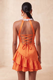 Vestido de regresso a casa, com decote laranja e decote alaranjado em cetim, com folhos, com flores 3D