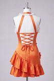 Vestido de regresso a casa, com decote laranja e decote alaranjado em cetim, com folhos, com flores 3D