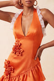 Vestido de regresso a casa, com decote laranja e decote alaranjado em cetim, com folhos, com flores 3D