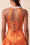 Vestido de regresso a casa, com decote laranja e decote alaranjado em cetim, com folhos, com flores 3D