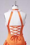 Vestido de regresso a casa, com decote laranja e decote alaranjado em cetim, com folhos, com flores 3D