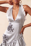 Vestido de regresso a casa, com decote laranja e decote alaranjado em cetim, com folhos, com flores 3D