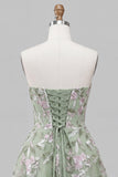 Vestido de regresso a casa, com laço em A, bordado A-Line Strapless Strapless A-Line Bordado Verde Sálvia