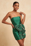Vestido de Regresso ao Casamento Verde-Verde Escuro, Body-Con Cordões Pérolas, com Laço na Cintura