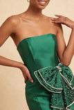 Vestido de Regresso ao Casamento Verde-Verde Escuro, Body-Con Cordões Pérolas, com Laço na Cintura