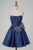 Espartilho de cetim azul-marinho Strapless A-line A-line Corda com Renda nas costas Vestido de Finalistas com Laço
