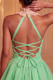 Vestido amarelo A-Line Halter com decote com folhos e franzidos, vestido de regresso às costas