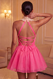 Vestido amarelo A-Line Halter com decote com folhos e franzidos, vestido de regresso às costas