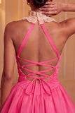 Vestido amarelo A-Line Halter com decote com folhos e franzidos, vestido de regresso às costas
