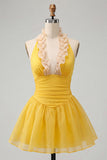 Vestido amarelo A-Line Halter com decote com folhos e franzidos, vestido de regresso às costas