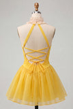 Vestido amarelo A-Line Halter com decote com folhos e franzidos, vestido de regresso às costas