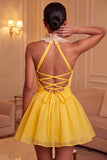 Vestido amarelo A-Line Halter com decote com folhos e franzidos, vestido de regresso às costas