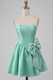 Vestido de Homecoming com corset de boas-vindas em cetim verde menta verde menta corda sem alças, renda nas costas, com laço