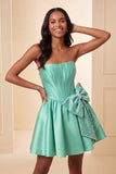 Vestido de Homecoming com corset de boas-vindas em cetim verde menta verde menta corda sem alças, renda nas costas, com laço