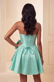 Vestido de Homecoming com corset de boas-vindas em cetim verde menta verde menta corda sem alças, renda nas costas, com laço