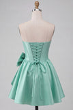 Vestido de Homecoming com corset de boas-vindas em cetim verde menta verde menta corda sem alças, renda nas costas, com laço