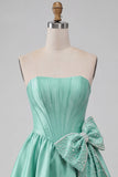 Vestido de Homecoming com corset de boas-vindas em cetim verde menta verde menta corda sem alças, renda nas costas, com laço