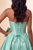 Vestido de Homecoming com corset de boas-vindas em cetim verde menta verde menta corda sem alças, renda nas costas, com laço