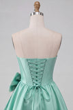 Vestido de Homecoming com corset de boas-vindas em cetim verde menta verde menta corda sem alças, renda nas costas, com laço